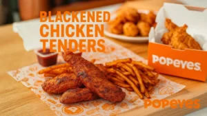 Popeyes Blackened Chicken Tenders served with Cajun fries on branded orange paper, with a Popeyes box and dipping sauces in the background, styled in the restaurant’s signature orange color scheme.