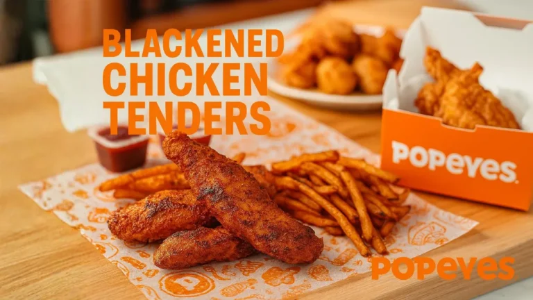 Popeyes Blackened Chicken Tenders served with Cajun fries on branded orange paper, with a Popeyes box and dipping sauces in the background, styled in the restaurant’s signature orange color scheme.