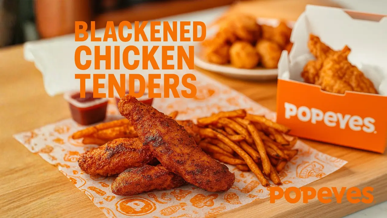 Popeyes Blackened Chicken Tenders served with Cajun fries on branded orange paper, with a Popeyes box and dipping sauces in the background, styled in the restaurant’s signature orange color scheme.